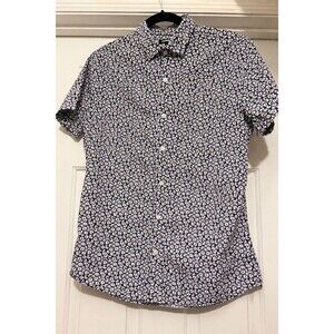 Express Mens Button Up Shirt Med Blue Yellow White Floral Short Sleeve Indie Pop